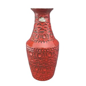 1960s West German Bay Ceramic Vase — 30cm Red Lava Glaze, Sculptural Form, Vintage Mid-Century  Geometric Modernist Fat Lava