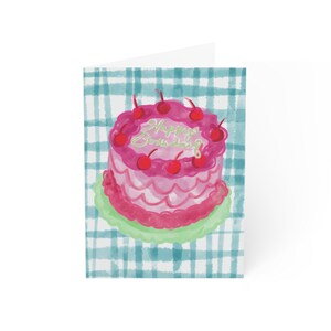 Greeting Cards - Hand Drawn Birthday Cake Design, Pink, Watercolor, Marker Feel - Individual or Pack Cards, Happy Birthday, Girly, Fun, Blue