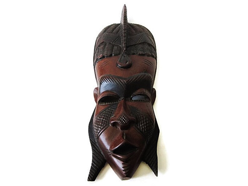 West African Hand Carved Wooden Mask Mali Unsigned Wood Carving Large Tribal Face Wall Hanging