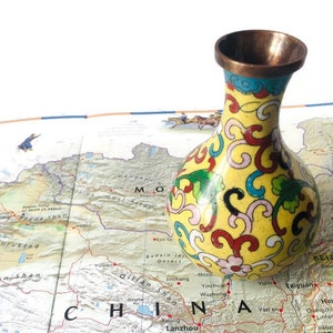 Antique Yellow Cloisonne Vase - Vintage Chinese Enamel Jar/ Circa 1930s Bud Vase