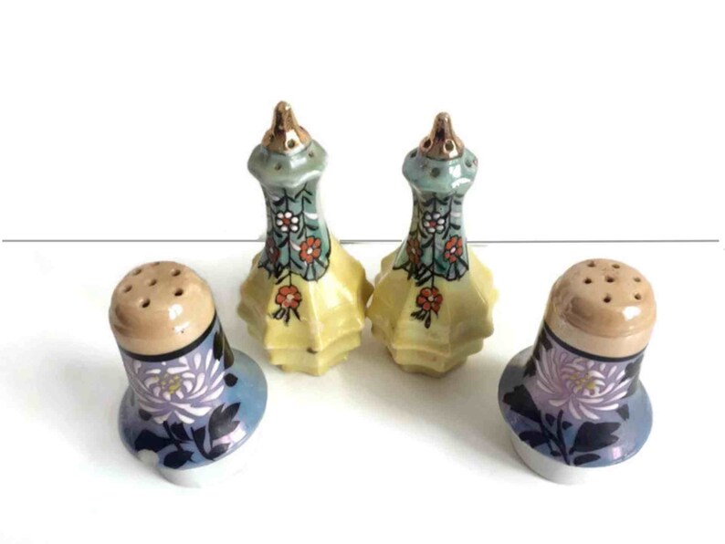 Two Sets Japanese Mid Century Lusterware Salt and Pepper Shakers Collectible Post War Salt and Pepper Japanese Lusterware