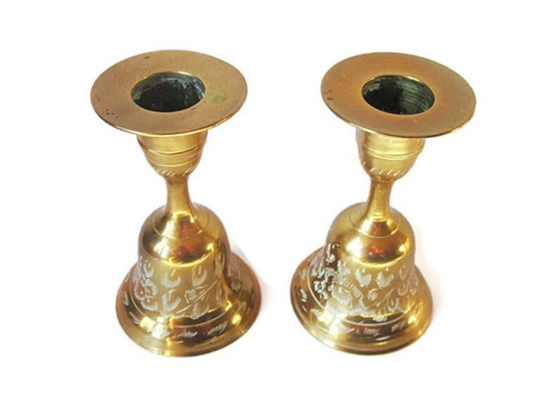 Pair Vintage Brass Candlesticks and Candle Snuffer from India/ Etsy