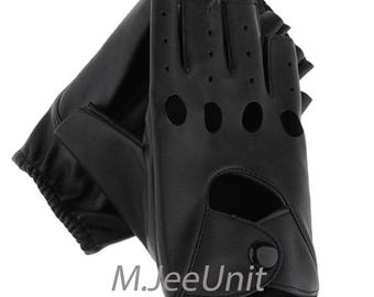 Black Leather Driving Fingerless Gloves – Unisex Winter Biker Half-Finger Motorcycle