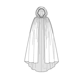 May include: A white hooded cloak with a flowing design. The cloak features a hood with a detailed trim and a long, draping silhouette. The hemline is slightly longer in the back. This garment is suitable for cosplay or costume events.