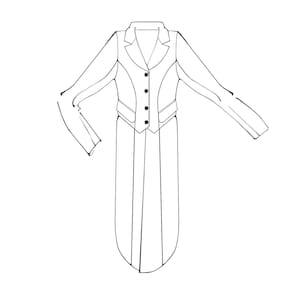 May include: A black and white line drawing of a formal coat with a long tail. The coat has a notched lapel, a fitted bodice with four buttons, and long sleeves. The design is a classic, elegant style.