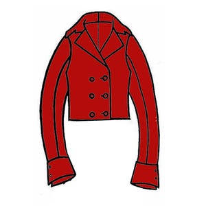 May include: A red jacket with a double-breasted design. The jacket features a notched collar, long sleeves, and buttoned cuffs. The jacket has six buttons and a tailored fit, suitable for various occasions.