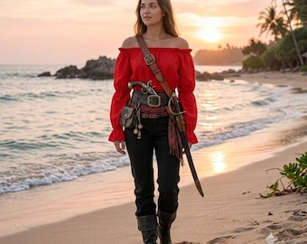 Pirate Costume Shirt : Sea Wolf Costume Renaissance Era Only Red Cotton Blouse