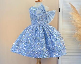 Baby Blue Sequin Velvet Party Dress: Detachable Bow