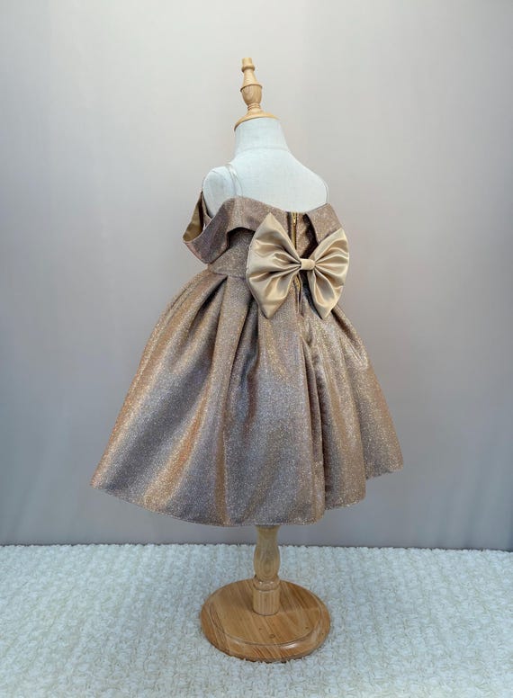 Gold Sparkly Flower Girl Dress: Off-shoulder Spaghetti Strap, Big Bow -  Etsy Israel