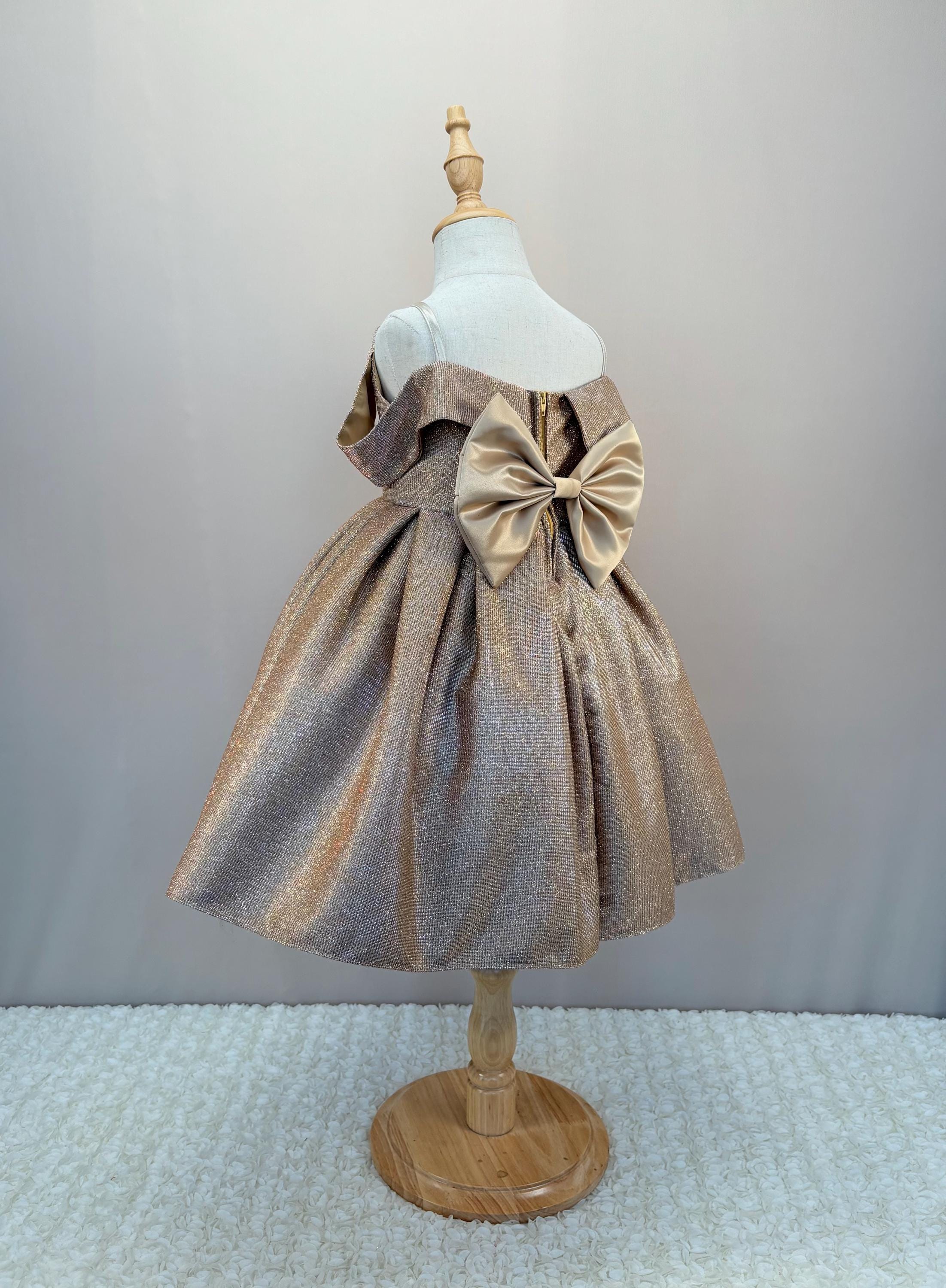 Gold Sparkly Flower Girl Dress: Off-Shoulder Spaghetti Strap, Big Bow