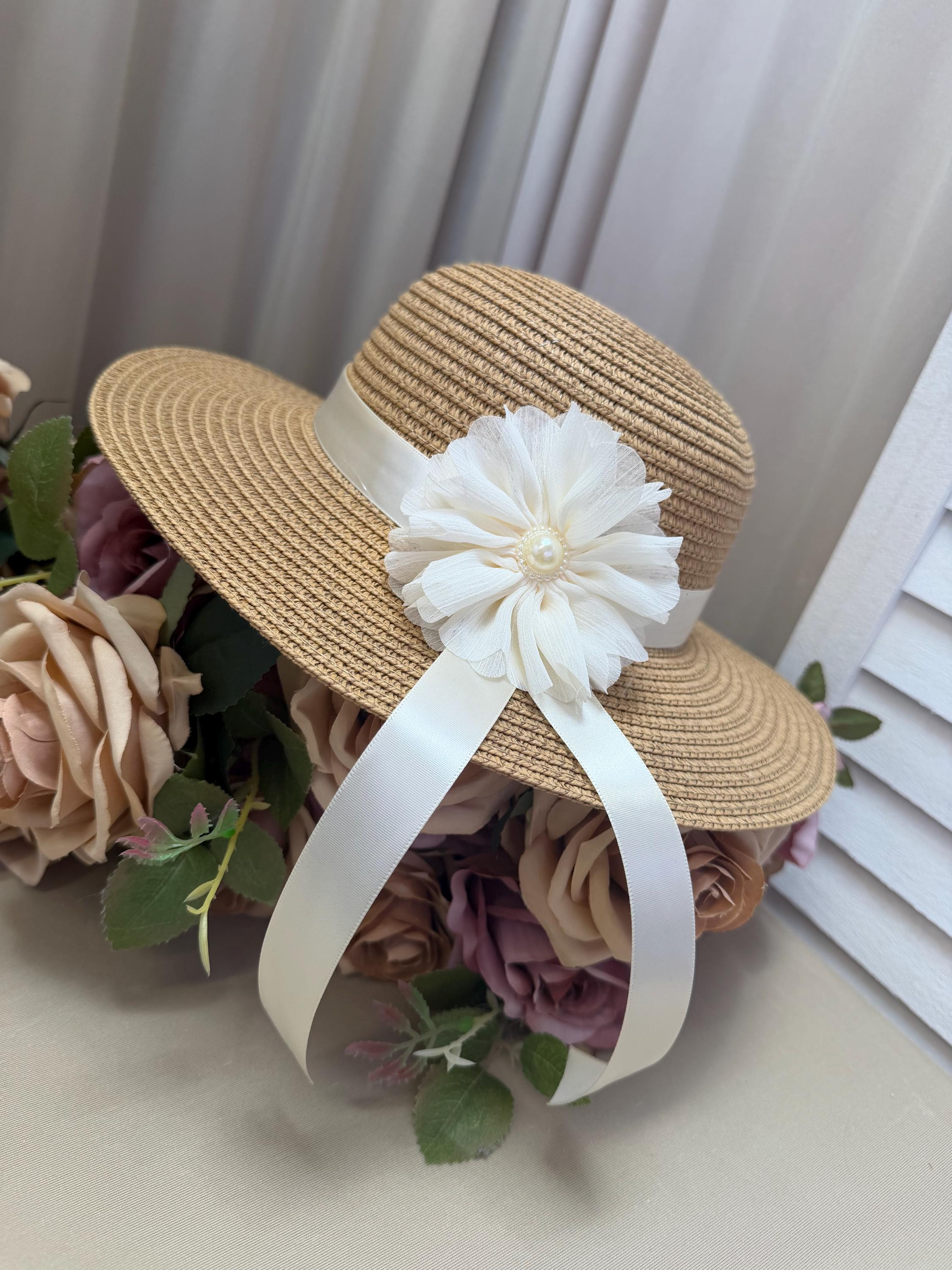 新品未使用wicagrocery Strawhat Ribbon Piping Ivory Minimalist Satin Ribbon Floral Pearl Straw Hat Baby's
