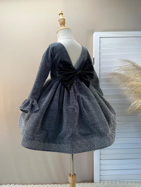 Black Silver Sparkle Girl Dress: V-Back, Long Sleeve, Detachable Bow