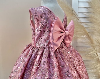 Flower Girl Dusty Rose Sparkly Glitter V-Back Knee Length Toddler Junior Dress