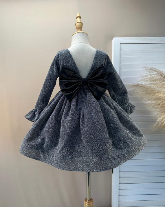 Sparkly Black & Silver Dress: V-Back, Long Sleeve Party Dress