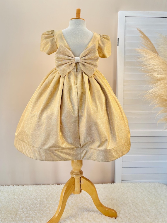 Handmade Gold Shimmer Dress: Big Bow Flower Girl Party Gown Handmade Gold Shimmer Dress: Big Bow Flower Girl Party Gown