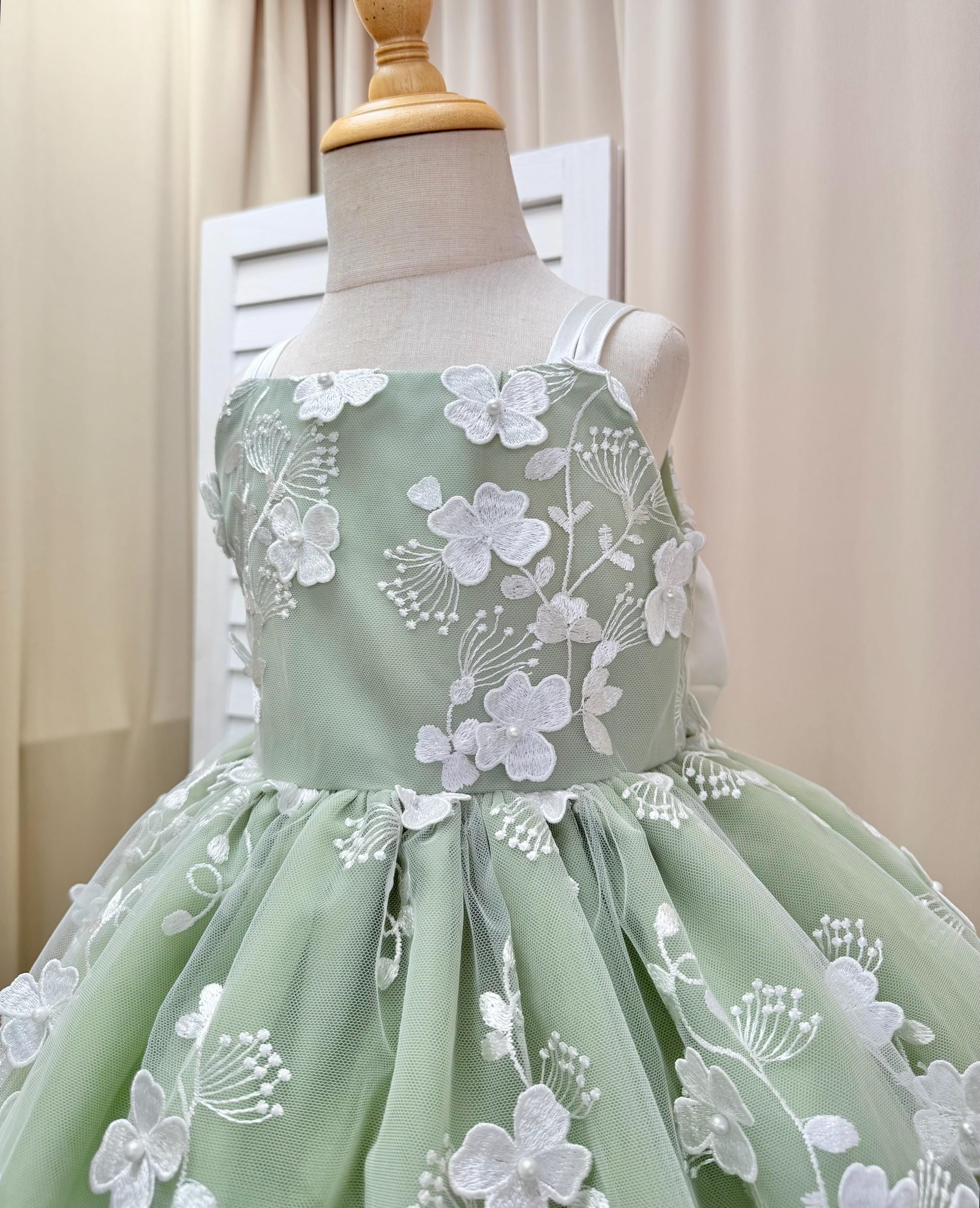 Ivory Floral Pearl Sage- Flower Girl Knee Length Classic Toddler Junior Dress