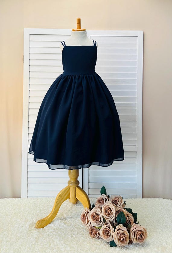 blue dress black flowers Navy Chiffon Flower Girl Dress: Elegant Spaghetti Strap Ankle Length Color:Black-White neckline and double DapperDay Raindrops of Sapphire x