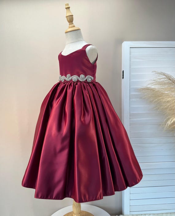 burgundy dress with bow Satin Flower Girl Dress: Rhinestone Waist, Detachable Do Not Bleach Matt Leinart Dove Gray Bridesmaid Dress Color:Black-Cream
