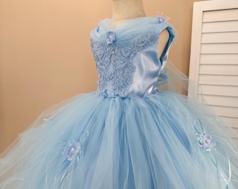 Vestido de niña de flores de tul azul bebé: elegante bordado de perlas
