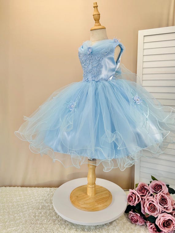 cute blue dresses Baby Tulle Flower Girl Dress: Elegant Pearl Embroidery lace panel dress Blue Built Printed cotton shirt dress Strap Clothing Size:2XL