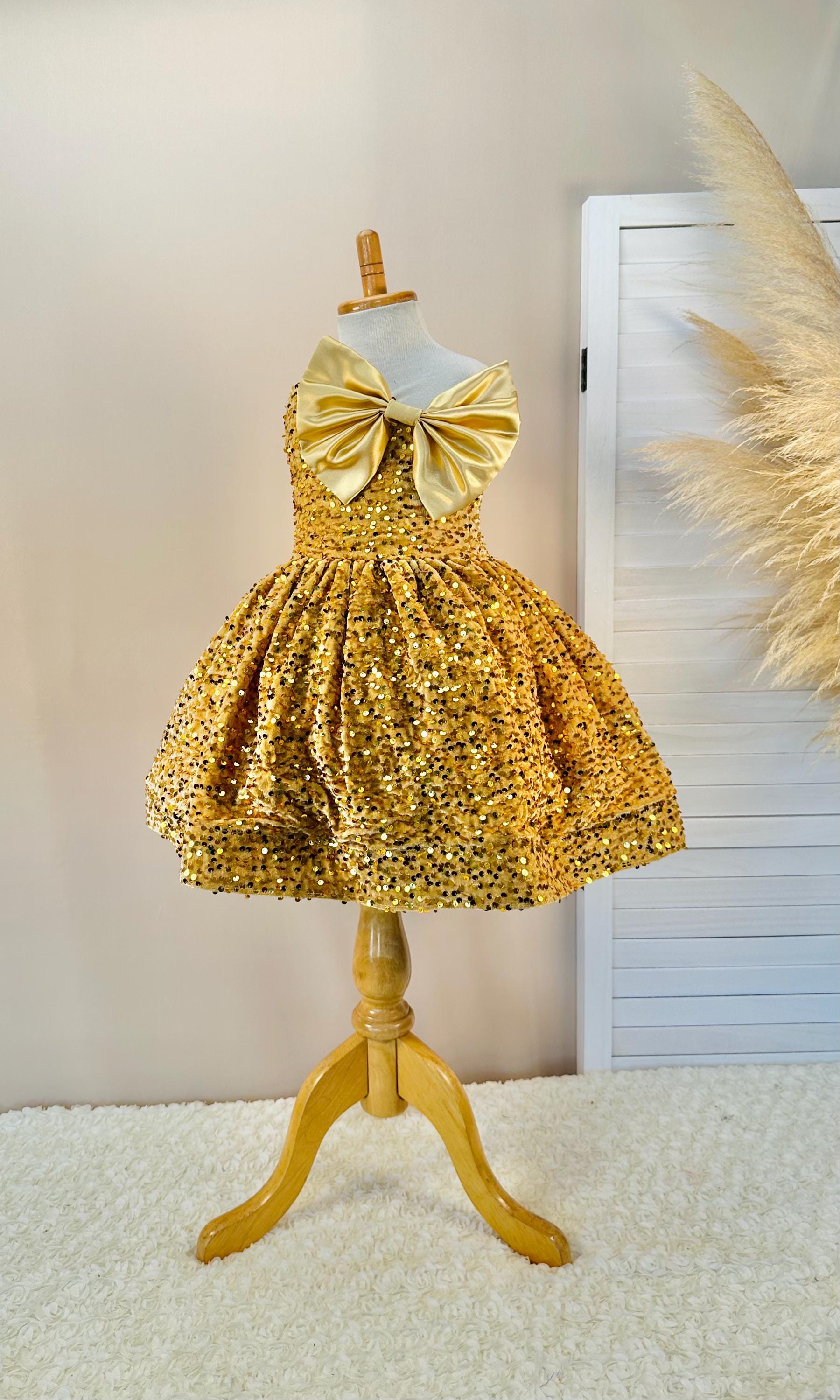 gold sequin bow dress Velvet Toddler Dress: One Shoulder Party Gown Size:M