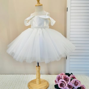 Flower Girl Satin Tulle Knee Length Pearl Belt Bridesmaids Wedding Summer Off The Shoulder Birthday Pageant Toddler Junior Girl Dress
