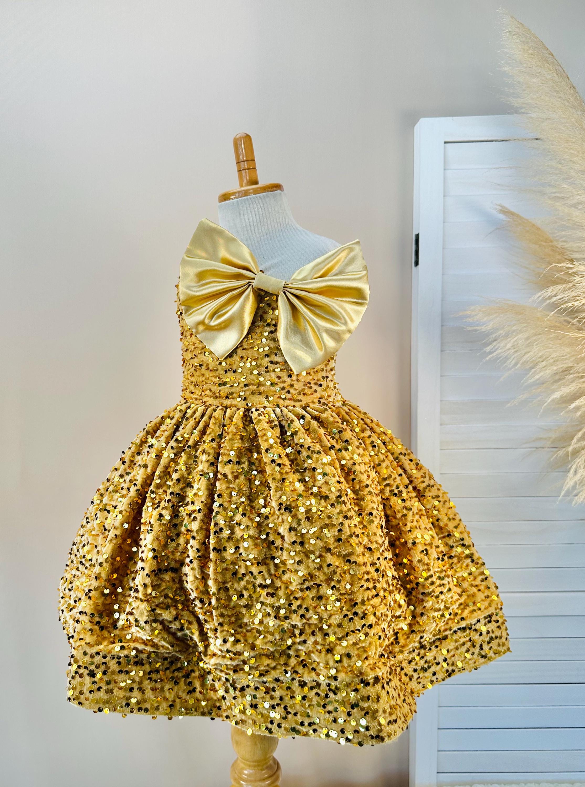 gold sequin dress with black bow Velvet Girl Dress: One Shoulder Party sydney