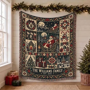 Personalized Skeleton Santa Christmas Woven Blanket, Gothic Patchwork & Skull Stockings, Custom Family Name Year, Spooky Holiday Keepsake