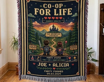 Personalized Gamer Couple Woven Blanket, Custom Names and Party Formed Date, Gaming Anniversary Gift for Video Game Lovers