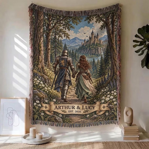 Personalized Medieval Adventure Couple Blanket, Custom Names & Year Woven Throw, Romantasy Gift, Fantasy Wedding Anniversary Keepsake