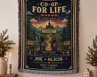 Personalized Gamer Couple Woven Blanket, Custom Names and Party Formed Date, Gaming Anniversary Gift for Video Game Lovers