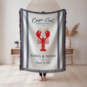 Personalized Coastal Wedding Woven Blanket, Custom Couple Names and Date, Cape Cod Lobster Gift for Newlyweds