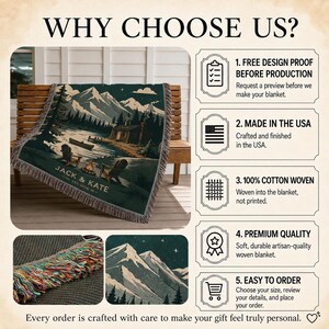 Pu&ograve; includere: Una coperta in cotone intrecciato con un paesaggio verde scuro raffigurante montagne, un lago, una baita, una canoa e un fal&ograve;. Il testo recita WHY CHOOSE US, 1. FREE DESIGN PROOF BEFORE PRODUCTION, 2. MADE IN THE USA, 3. 100% COTTON WOVEN, 4. PREMIUM QUALITY, 5. EASY TO ORDER, JACK & KATE EST. 2028.