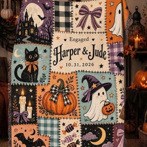 May include: A woven throw blanket featuring a patchwork Halloween design with a haunted house, black cat, pumpkin, ghost, and candy. The center text reads Engaged Harper & Jude 10.31.2026, surrounded by stars, bows, and moons.