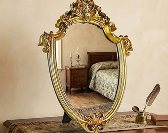 Ornate Shield Gold Vintage Style Mirror for Wall or Tabletop