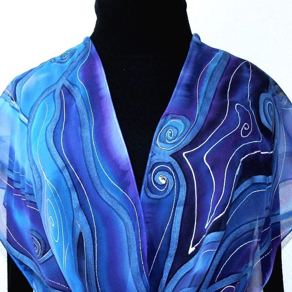 Hand Painted Silk Scarf: Blue Purple Chiffon Shawl, Colorado Made, Passion Storm