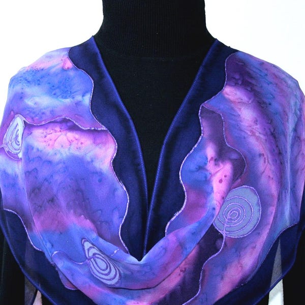 Hand Painted Silk Scarf: Purple Waters, Lavender Blue Shawl, Silk Scarves Colorado