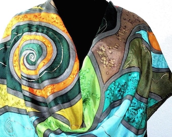 Hand Painted Silk Scarf Green, Orange FOREST STREAMS, Silk Scarves Colorado, Birthday Gift