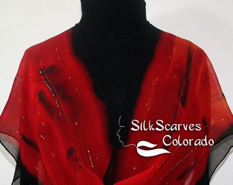 Silk Scarf, Red, Black Hand Painted Chiffon Shawl NIGHT PASSION, Silk Scarves Colorado, Select Your SIZE!  Elegant Silk Gift, Christmas Gift