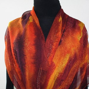 Handpainted Silk Scarf: Burgundy Orange Autumn Embrace Shawl, Silk Scarves Colorado