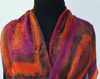 Silk Scarf, Plum, Orange Hand Painted Chiffon SQUARED FLAMES, by Silk Scarves Colorado. Select Your SIZE! Birthday Gift, Christmas Gift