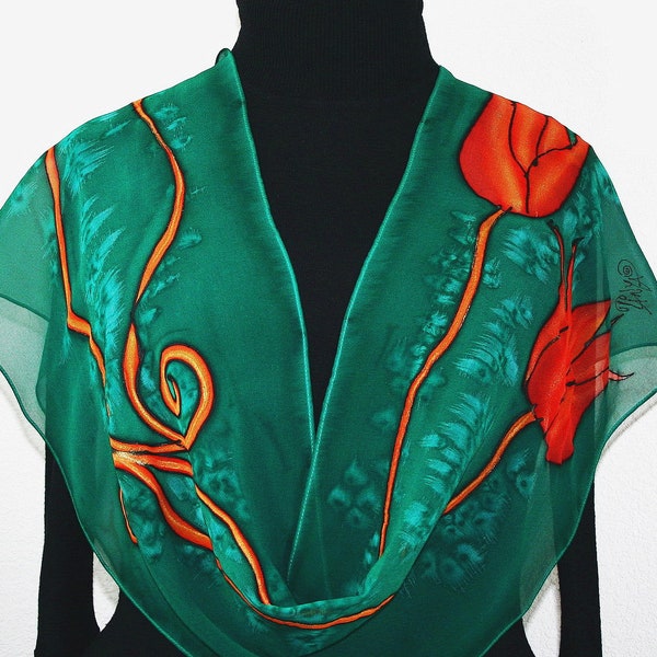 Silk Scarf Emerald Green Hand Painted Chiffon Silk Shawl LOVE TULIPS, by Silk Scarves Colorado. Select Your SIZE! Birthday, Christmas Gift