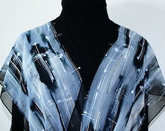 Silk Scarf Black White Gray Hand Painted Chiffon Scarf SALT & PEPPER, Silk Scarves Colorado. Select Your SIZE! Birthday Gift, Christmas Gift