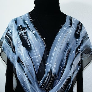 Silk Scarf Black White Gray Hand Painted Chiffon Scarf SALT & PEPPER, Silk Scarves Colorado. Select Your SIZE Birthday Gift, Christmas Gift image 1