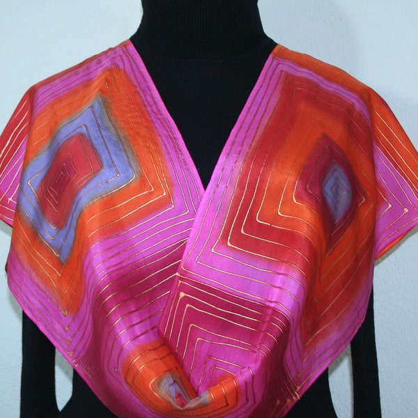 Silk Scarf Pink Orange Merlot Red Hand Painted Shawl PINK LABYRINTH, Silk Scarves Colorado. Select Your SIZE! Birthday Gift, Christmas Gift