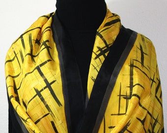 Silk Scarf Yellow Black Hand Painted Handmade Silk Shawl GOLDEN SERENITY, Silk Scarves Colorado. Select Your SIZE! Birthday, Christmas Gift