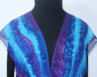 Silk Scarf Blue Purple  Hand Painted Chiffon Shawl BEACH MAGIC by Silk Scarves Colorado. Select Your SIZE! Anniversary Gift, Bridesmaid Gift