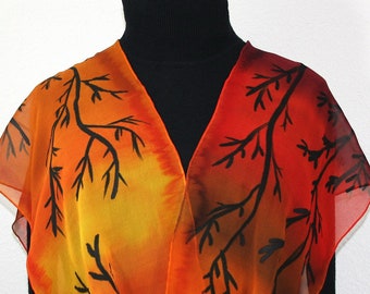 Silk Scarf, Orange, Burgundy, Hand Painted Chiffon SUNSET TREES, by Silk Scarves Colorado. Select Your SIZE! Summer Scarf, Fall Colors Scarf