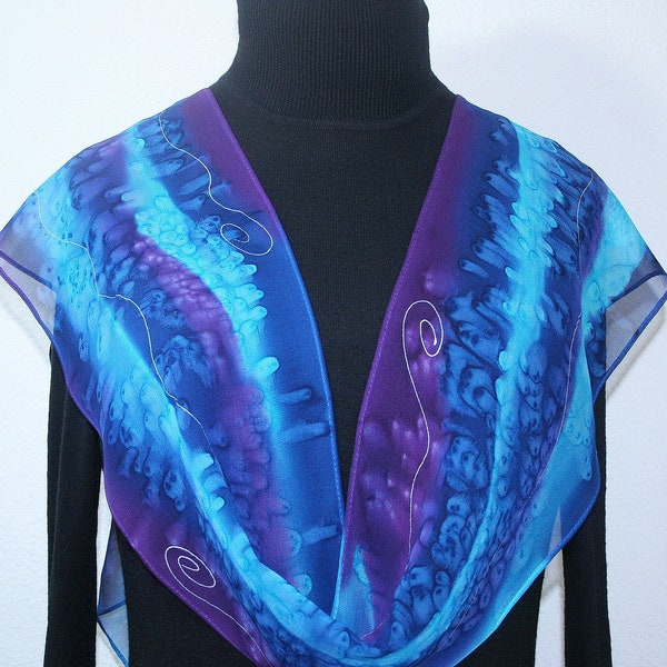 Silk Scarf Blue Purple  Hand Painted Chiffon Shawl BEACH MAGIC by Silk Scarves Colorado. Select Your SIZE! Anniversary Gift, Bridesmaid Gift