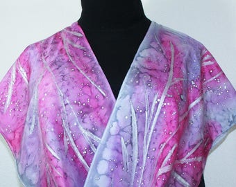 Silk Scarf, Pink Lavender, Hand Painted, Handmade Shawl FROSTY DAWN, Silk Scarves Colorado. Select Your SIZE! Birthday Gift, Christmas Gift